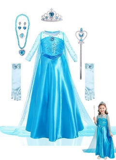 VUCATIN Elsa Princess Dress Frozen Costume Dress Girls Cosplay Costume with Accessories Crown Necklace Ring Earrings Magic Wand Gloves Birthday Cosplay Party (A)  - Image 1
