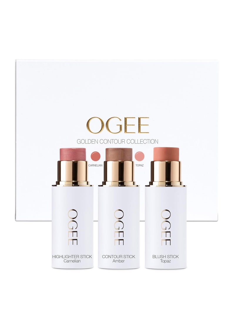 OGEE Ogee Face Stick Trio  Golden Contour Stick Makeup Collection  Certified Organic Bronzer Blush Stick and Highlighter Stick for a Flawless Look 
