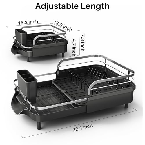 SNTD Dish Drying Rack, Expandable Dish Rack for Kitchen Counter, Stainless Steel Dish Drainer with Drainboard Set and Utensil Holder (Black) - Image 2