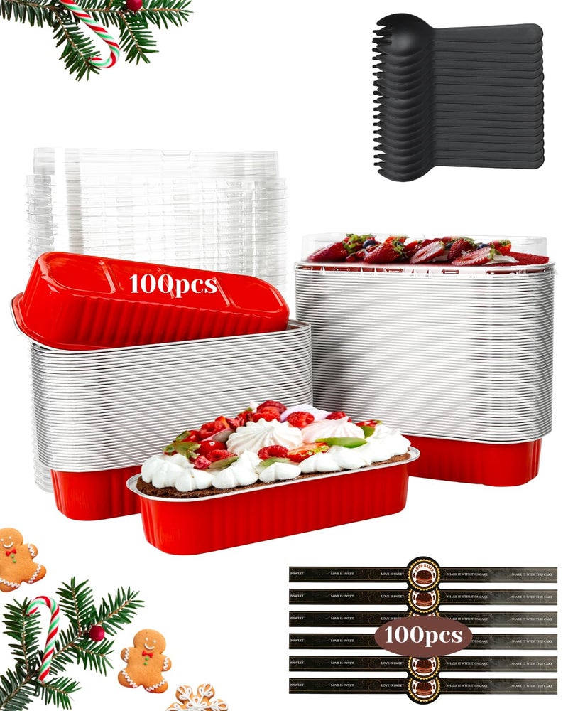 YQER 100 Pack Mini Loaf Pans with Lids and Spoons Sealing Sticker, 6.8oz Aluminum Foil Mini Cake Pans for Baking, Disposable Small Mothers Day Bread Pans with Lids – Valentines Tins CupCake, Red - Image 1