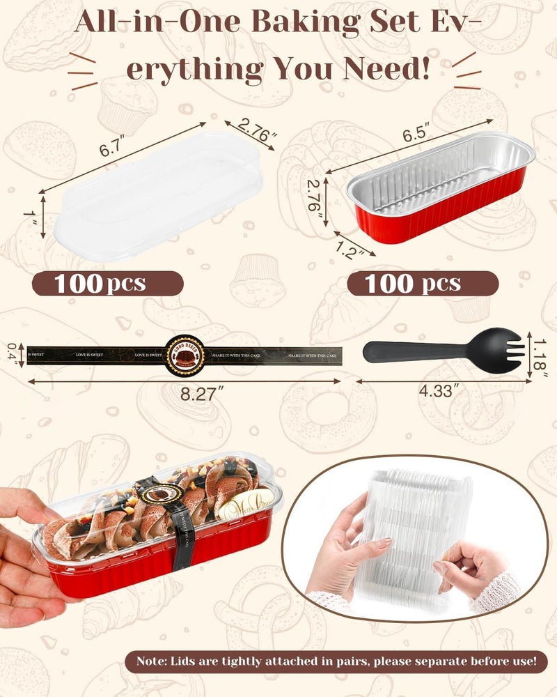 YQER 100 Pack Mini Loaf Pans with Lids and Spoons Sealing Sticker, 6.8oz Aluminum Foil Mini Cake Pans for Baking, Disposable Small Mothers Day Bread Pans with Lids – Valentines Tins CupCake, Red - Image 3