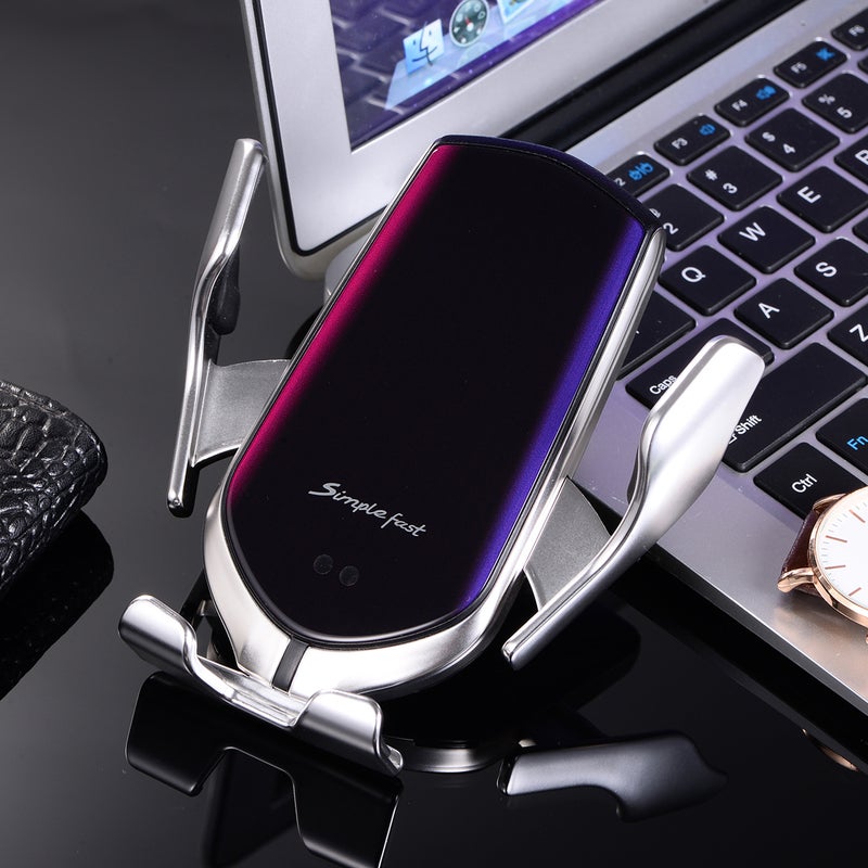 Wireless Car Charger: 10W Fast Charge - Auto Clamping Infrared Induction Type C Wireless Charger With Multi-layer Protection Gradient Silver Design for Qi-enabled Phones - Image 5