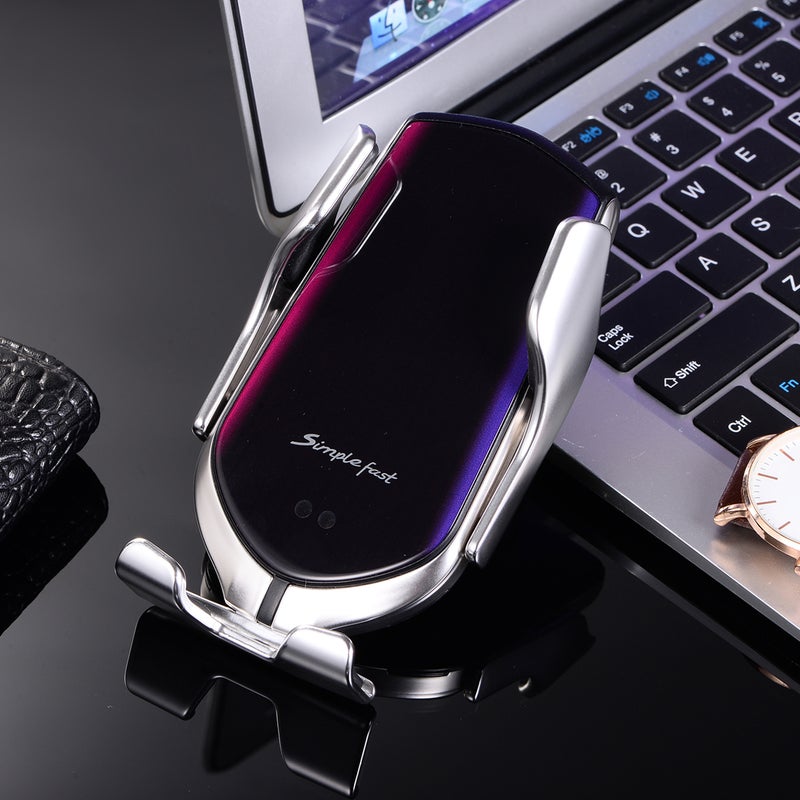 Wireless Car Charger: 10W Fast Charge - Auto Clamping Infrared Induction Type C Wireless Charger With Multi-layer Protection Gradient Silver Design for Qi-enabled Phones - Image 4