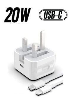 20W Apple Charger UK Plug with 1m USB-C Fast Charging Cable – Universal Travel Adapter Compatible with iPhone 14/13/12/11 Pro/Pro Max, 8 Plus, X Max, and More