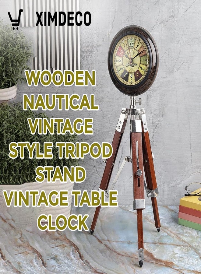Ximdeco® Brown Wooden Nautical Vintage Style Tripod Stand Vintage Table Clock Showpiece - Image 2