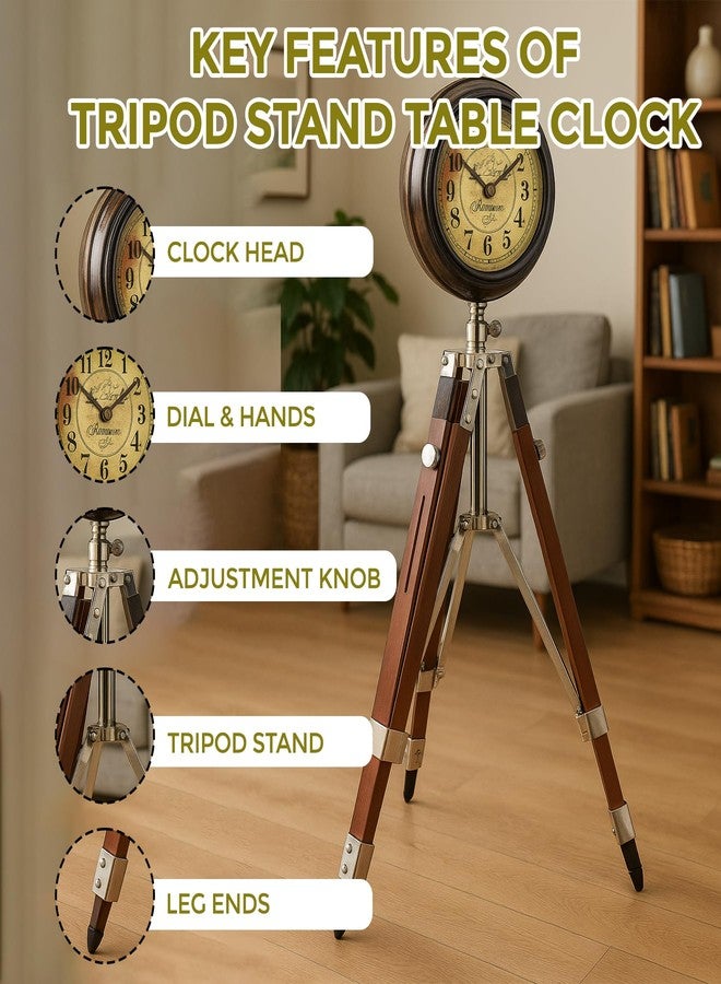 Ximdeco® Brown Wooden Nautical Vintage Style Tripod Stand Vintage Table Clock Showpiece - Image 3
