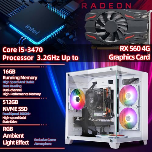 Kroteaup Gaming PC, Intel Core i5-3470 3.2GHz, Radeon RX 560 4GB, 16GB DDR3 RAM, 512GB NVMe SSD, RGB Fan, Prebuilt Desktop Tower for Streaming & Daily Use - Image 2