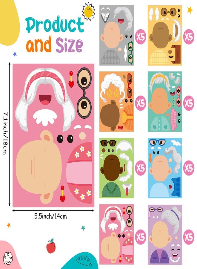 CY2SIDE 100th Days of School Grandparents Face Stickers - 40PCS Old Lady Grandpa Make a Face Sticker Sheet for Kids Classroom Reward, DIY 100 Days of School Craft Sticker Game Party Favor Home Project - Image 2