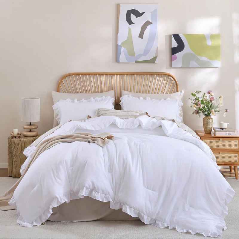 JANZAA Twin Comforter Set White Comforter Ruffled Comforter Set Soft Twin Size Bed Set Vintage Farmhouse Bed Comforter Set Fluffy Shabby Chic Bedding with 1 Pillowcase - Image 1