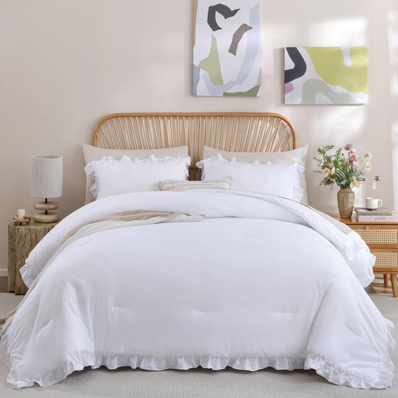 JANZAA Twin Comforter Set White Comforter Ruffled Comforter Set Soft Twin Size Bed Set Vintage Farmhouse Bed Comforter Set Fluffy Shabby Chic Bedding with 1 Pillowcase - Image 5