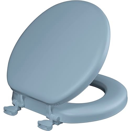 Mayfair Padded Toilet Seat, Cushioned Soft Vinyl over Wood Core Seat, Secure Hinges, Easy Clean, Round, Sky Blue - Image 1