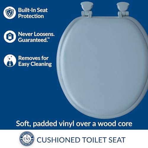 Mayfair Padded Toilet Seat, Cushioned Soft Vinyl over Wood Core Seat, Secure Hinges, Easy Clean, Round, Sky Blue - Image 2