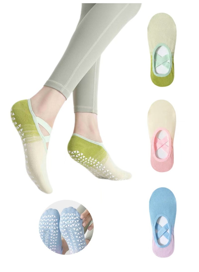 لياوسيسي 3 أزواج من جوارب رياضية نسائية مقاومة للانزلاق وقابلة للتنفس للياقة البدنية والبيلاتس، بألوان متدرجة، جوارب يوغا بمقاومة للانزلاق، جوارب رقص باليه، تمرينات حافية القدمين، جوارب ثابتة للتمارين - Image 1