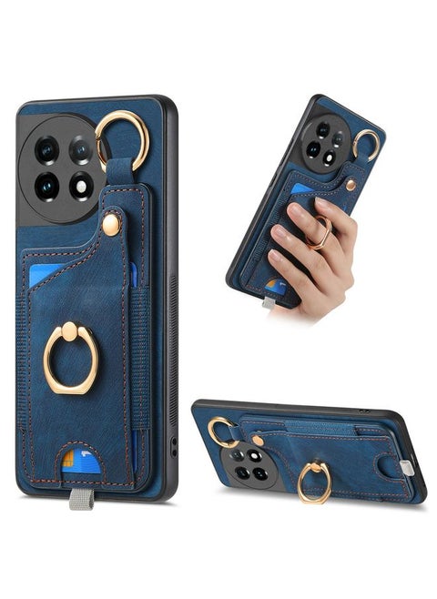 For OnePlus 11 Retro Skin-feel Ring Card Bag Phone Case with Hang Loop(Blue)