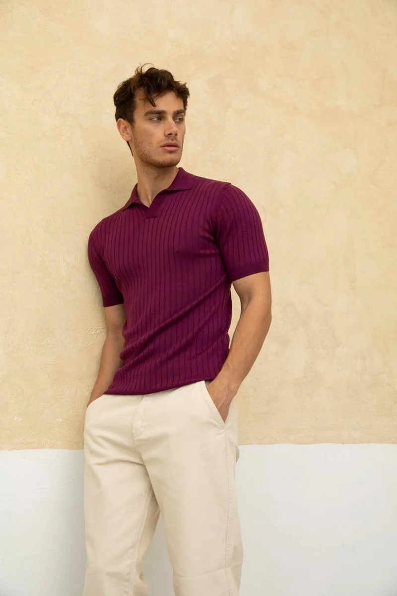 Cool Tarz Cool Style Men's Ribbed Polo Neck Knit T-Shirt