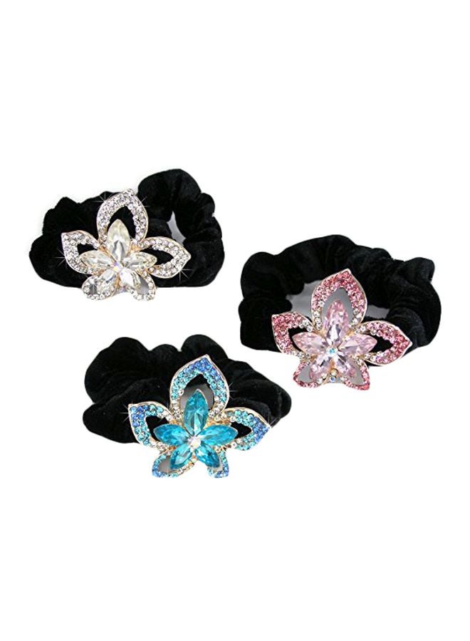 BANBERRY DESIGNS Jeweled Flower Elastic Hair Tie Scrunchies - Set of 3 - Clear - Pink - Blue Crystal Rhinestone Jewels - Hair Accessories - 1.75"W x 1.25"H