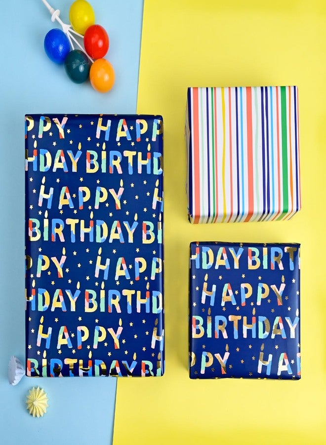 Flyhill Reversible Birthday Wrapping Paper-Metallic Colorful Birthday Lettering & Stripe Design for Birthday,Baby Shower-17Inches X 33Feet(46.8sq. ft.) - Image 3