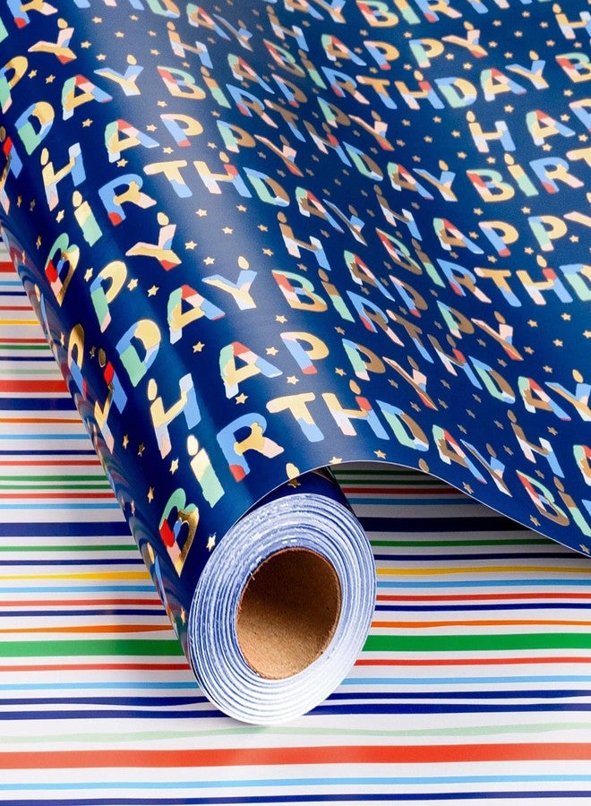 Flyhill Reversible Birthday Wrapping Paper-Metallic Colorful Birthday Lettering & Stripe Design for Birthday,Baby Shower-17Inches X 33Feet(46.8sq. ft.) - Image 2