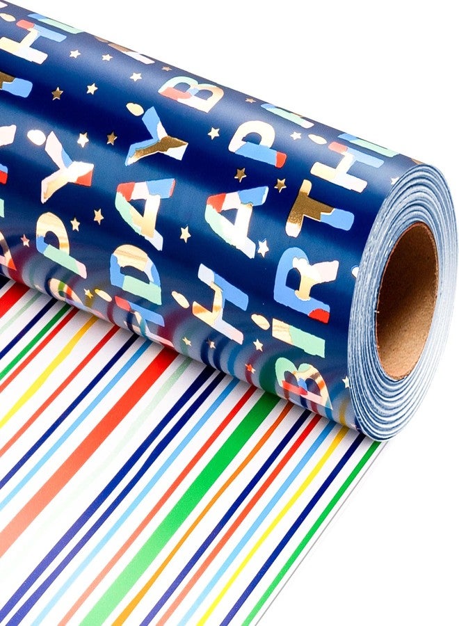 Flyhill Reversible Birthday Wrapping Paper-Metallic Colorful Birthday Lettering & Stripe Design for Birthday,Baby Shower-17Inches X 33Feet(46.8sq. ft.) - Image 1