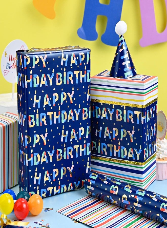 Flyhill Reversible Birthday Wrapping Paper-Metallic Colorful Birthday Lettering & Stripe Design for Birthday,Baby Shower-17Inches X 33Feet(46.8sq. ft.) - Image 4