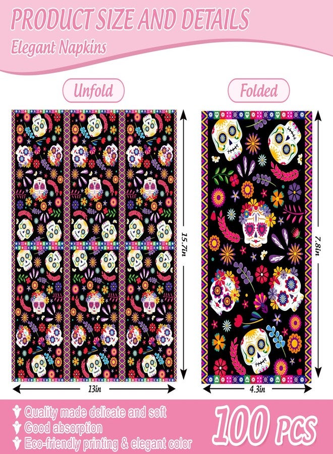 JarThenaAMCS 100Pcs Halloween Guest Napkins Floral Skull Disposable Napkins Mexican Dinner Hand Towel Paper Napkins for Bathroom Holiday Fiesta Party Table Supplies - Image 2