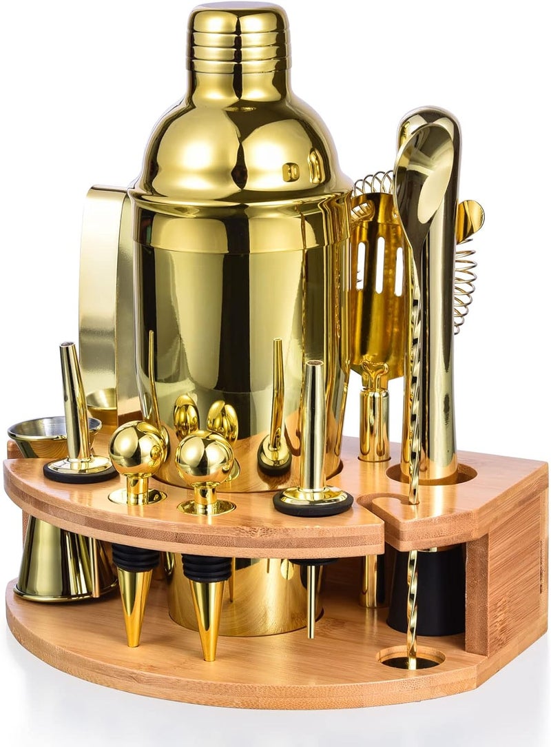 Esmula Bartender Kit with Stylish Bamboo Stand, 12 Piece 25oz Cocktail Shaker Set for Mixed Drink, Professional Stainless Steel Bar Tool Set, Gift for Man Dad- Cocktail Recipes Booklet (Gold) - Image 1
