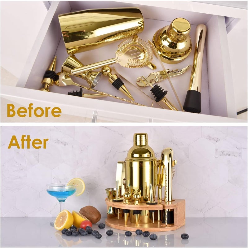 Esmula Bartender Kit with Stylish Bamboo Stand, 12 Piece 25oz Cocktail Shaker Set for Mixed Drink, Professional Stainless Steel Bar Tool Set, Gift for Man Dad- Cocktail Recipes Booklet (Gold) - Image 3