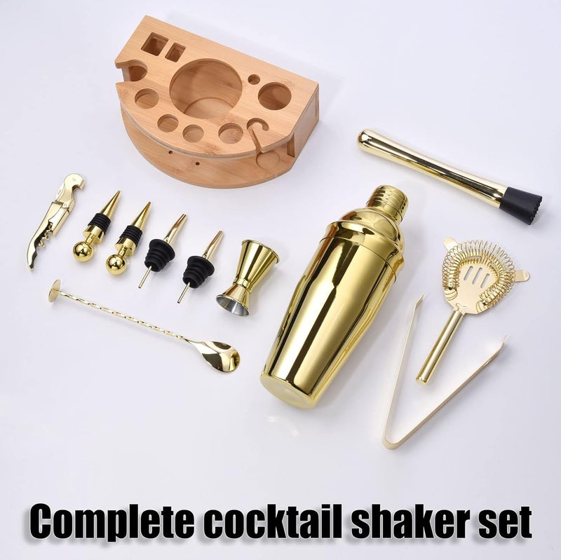 Esmula Bartender Kit with Stylish Bamboo Stand, 12 Piece 25oz Cocktail Shaker Set for Mixed Drink, Professional Stainless Steel Bar Tool Set, Gift for Man Dad- Cocktail Recipes Booklet (Gold) - Image 2