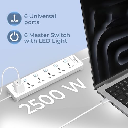 EMBOX Extension Board with Switches 2500W, 6 Universal Sockets, Individual Switch, Safety Shutter, 6 amp Spike Guard, LED Indicator and Safety Shutter - Image 4