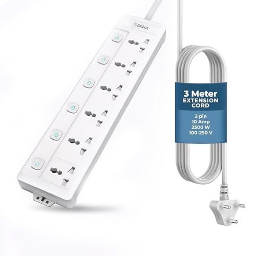 EMBOX Extension Board with Switches 2500W, 6 Universal Sockets, Individual Switch, Safety Shutter, 6 amp Spike Guard, LED Indicator and Safety Shutter - Image 1