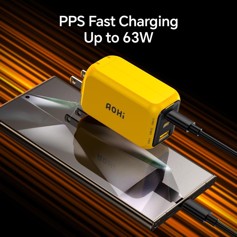 AOHI Youth 65W GaN+ USB C Charger Block, 3-Port PPS Type C Compact Foldable Laptop Fast Wall Charger for MacBook Pro/Air, iPad Pro, iPhone 17/16 Pro Max, Galaxy S24, Pixel, Steam Deck and More, Yellow - Image 5