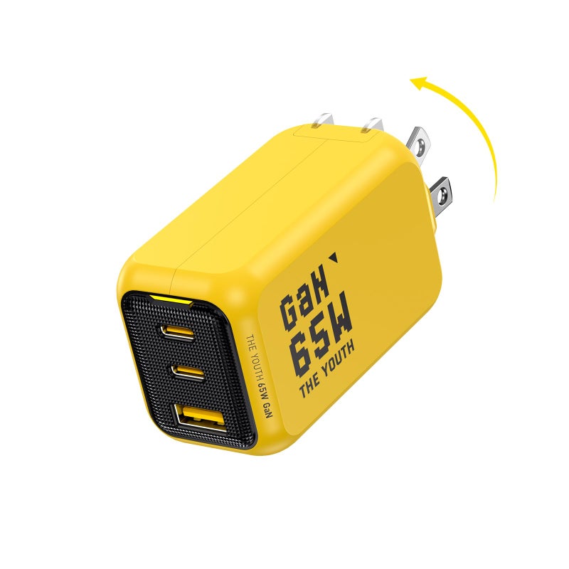 AOHI Youth 65W GaN+ USB C Charger Block, 3-Port PPS Type C Compact Foldable Laptop Fast Wall Charger for MacBook Pro/Air, iPad Pro, iPhone 17/16 Pro Max, Galaxy S24, Pixel, Steam Deck and More, Yellow - Image 1
