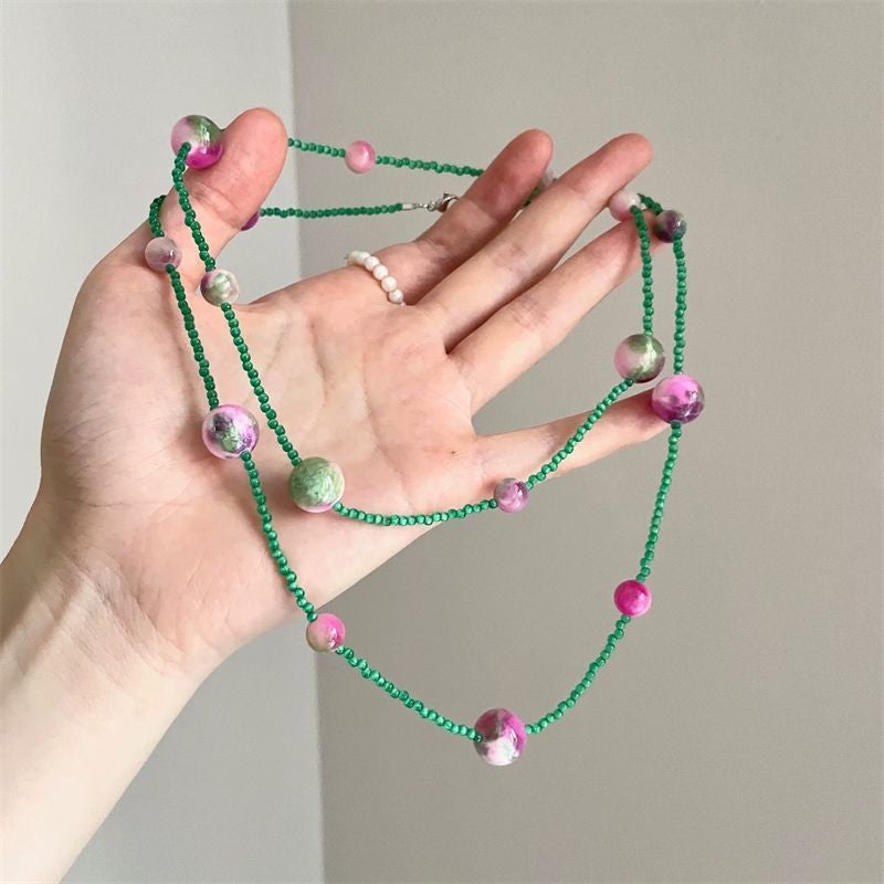 Vintage Green Crystal Resin Beaded Necklace - Image 1