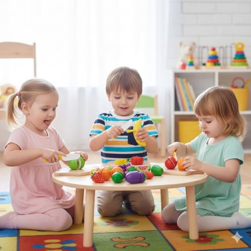 PLUSPOINT 16 PCS Cutting Play Food with Pizza Toy for Kids Kitchen, with a Storage Bag Pretend Fruit & Vegetables Accessories Has 6 Fruits, 6 Vegetables,1 Board,1 Knife for Girls and Boys - Image 5