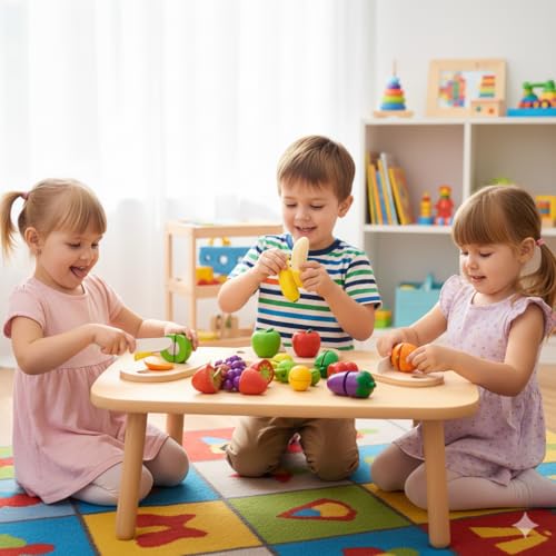 PLUSPOINT 16 PCS Cutting Play Food with Pizza Toy for Kids Kitchen, with a Storage Bag Pretend Fruit & Vegetables Accessories Has 6 Fruits, 6 Vegetables,1 Board,1 Knife for Girls and Boys - Image 3