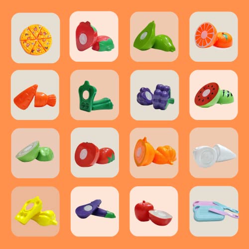 PLUSPOINT 16 PCS Cutting Play Food with Pizza Toy for Kids Kitchen, with a Storage Bag Pretend Fruit & Vegetables Accessories Has 6 Fruits, 6 Vegetables,1 Board,1 Knife for Girls and Boys - Image 4