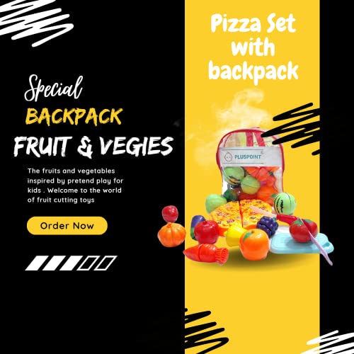 PLUSPOINT 16 PCS Cutting Play Food with Pizza Toy for Kids Kitchen, with a Storage Bag Pretend Fruit & Vegetables Accessories Has 6 Fruits, 6 Vegetables,1 Board,1 Knife for Girls and Boys - Image 2