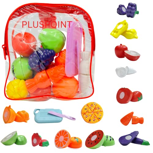PLUSPOINT 16 PCS Cutting Play Food with Pizza Toy for Kids Kitchen, with a Storage Bag Pretend Fruit & Vegetables Accessories Has 6 Fruits, 6 Vegetables,1 Board,1 Knife for Girls and Boys - Image 1