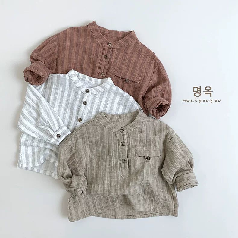 Double-Layer Cotton Yarn Class A ~ Japanese Style Kidsren'S Simple Vertical Striped Shirt 2024 Korean Style Versatile T-Shirt For Boys And Girls - Image 2