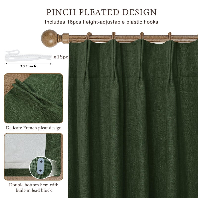 IVAPUPU Thick Linen Blend Pinch Pleated Blackout Curtains for Bedroom - 2 Pages Black Out Green Curtains 84 Inch Long 2 Panel for Living Room Darkening Thermal Window Curtain Drapes with 16pc Hooks - Image 3