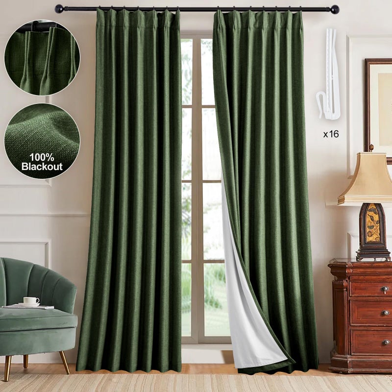 IVAPUPU Thick Linen Blend Pinch Pleated Blackout Curtains for Bedroom - 2 Pages Black Out Green Curtains 84 Inch Long 2 Panel for Living Room Darkening Thermal Window Curtain Drapes with 16pc Hooks - Image 1