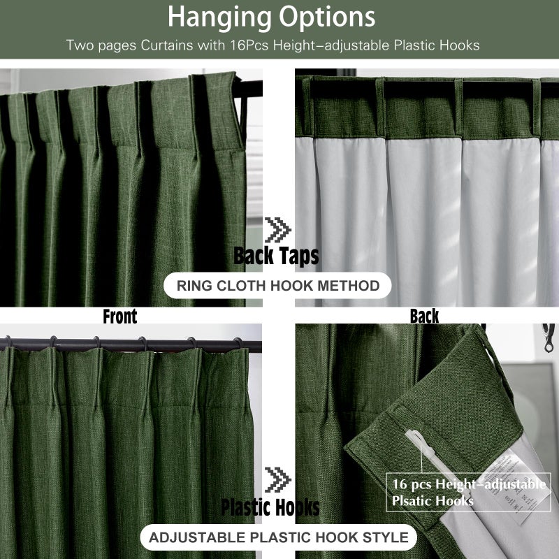 IVAPUPU Thick Linen Blend Pinch Pleated Blackout Curtains for Bedroom - 2 Pages Black Out Green Curtains 84 Inch Long 2 Panel for Living Room Darkening Thermal Window Curtain Drapes with 16pc Hooks - Image 4
