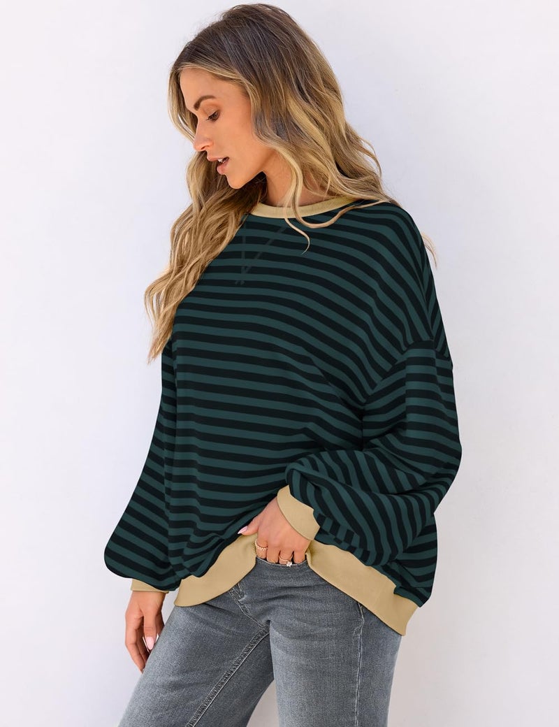 UEU Women Oversized Sweatshirt Striped Color Block Sweatshirts Loose Fit Crew Neck Long Sleeve Pullover Top GreenBlack Striped X-Large - Image 2