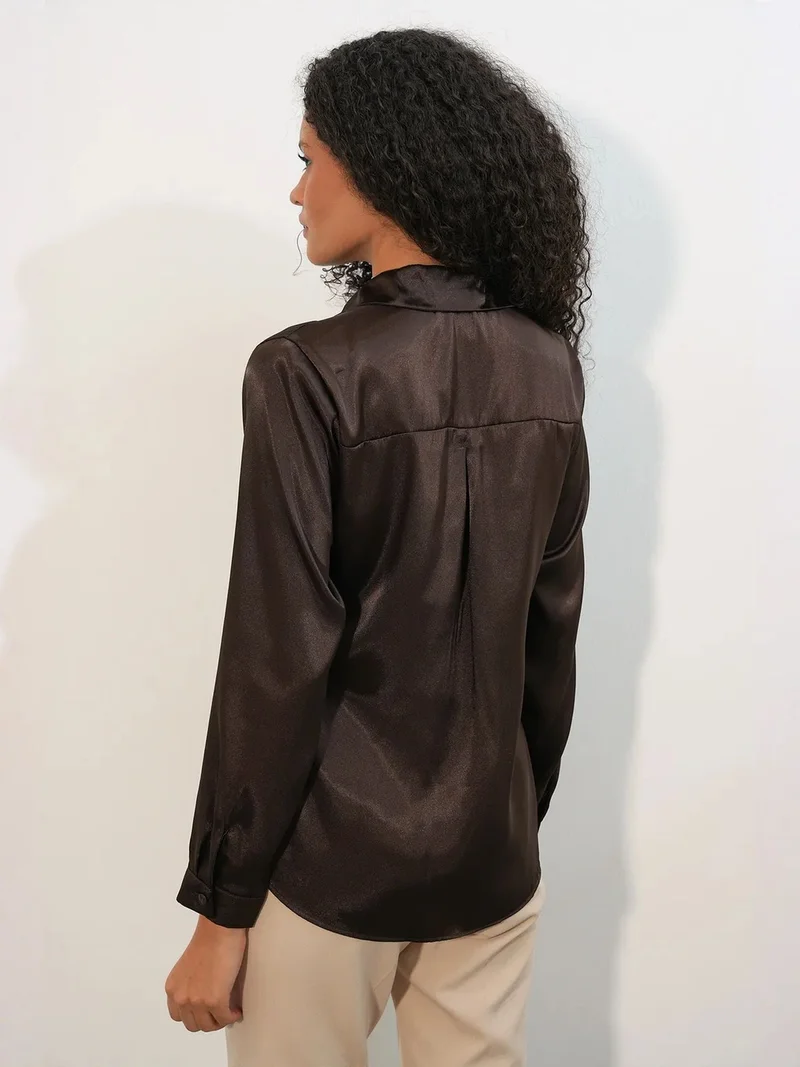 Big Dart Coffee Brown BDART Women's Satin Tie-Front Shirt for Women | Best Price UAE