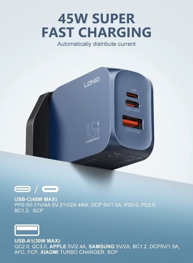 LDNIO 45W USB-C/A Super Fast Charger Adapter | Dual-Port PD PPS QC Fast Charging Adapter with USB-C & USB-A Ports | Supports Laptop, iPhone, Samsung, iPad & Android Devices | Smart Chip, Fireproof PC Shell, Multi-Protection Compact Travel Charger with UK Plug - Image 3