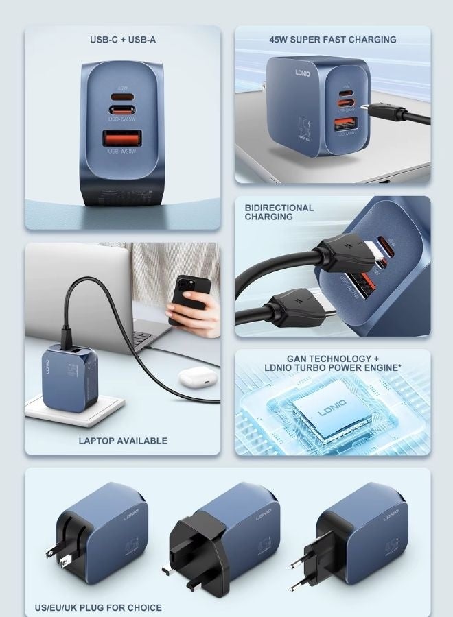 LDNIO 45W USB-C/A Super Fast Charger Adapter | Dual-Port PD PPS QC Fast Charging Adapter with USB-C & USB-A Ports | Supports Laptop, iPhone, Samsung, iPad & Android Devices | Smart Chip, Fireproof PC Shell, Multi-Protection Compact Travel Charger with UK Plug - Image 2