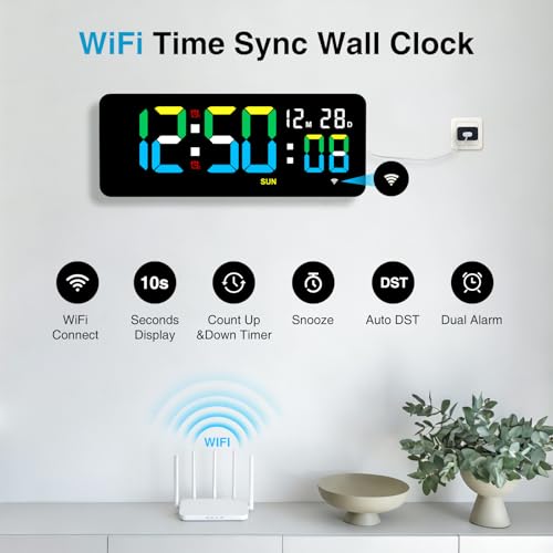 XREXS 12.2 Inch Digital Wall Clock WiFi Sync with Remote Control, Large LED Screen with Time/Calendar/Seconds Display, Count Up & Down Timer, 2 Alarm Clock for Home, Office and Classroom - Image 2