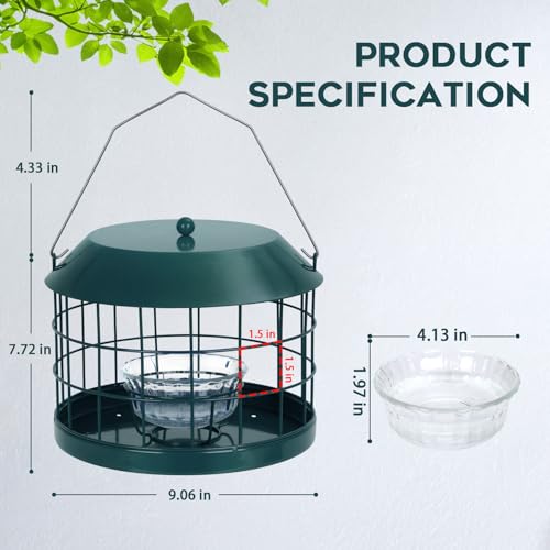 Gbekery Caged Bluebird Feeder for Mealworms with Glass Bowl, Squirrel Proof Bird Feeder for Small Birds Only, Detachable Hook, Large Space, Outdoors Weatherproof, Metal, Green - Image 3