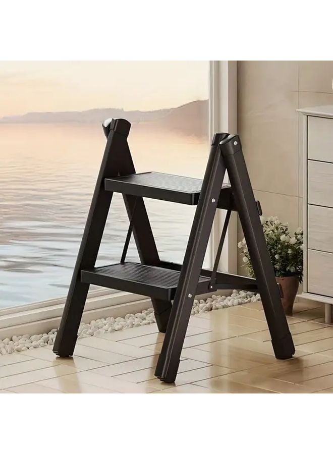 Black Two Step Folding Ladder Stool With Wide Non Slip Steps Compact Lightweight Design - Image 2
