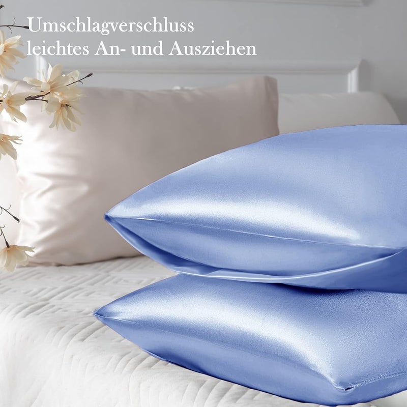Vielit Set of 2 Satin Cushion Covers, 50 x 80 cm, Blue, Soft as Silk Pillowcase, Better Care Than Silk Pillose Case, Satin Pillowcase 50 x 80 cm, Cushion Cover for Hair and Skin with 2 Hair Bobbles - Image 2